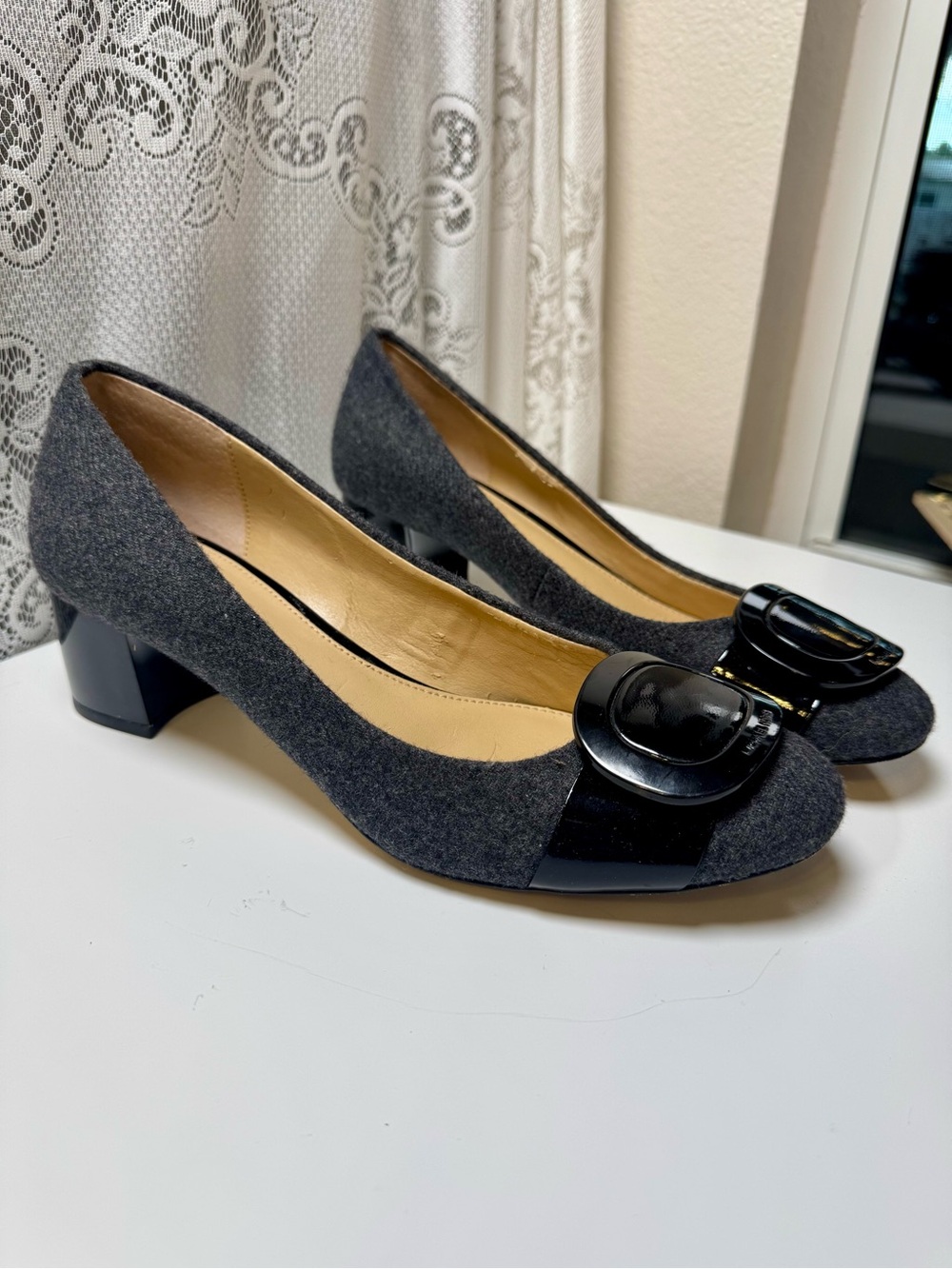 Michael Kors Pauline Pumps, Size 9.5. Grey Wool Black Patent Buckle Heels EUC